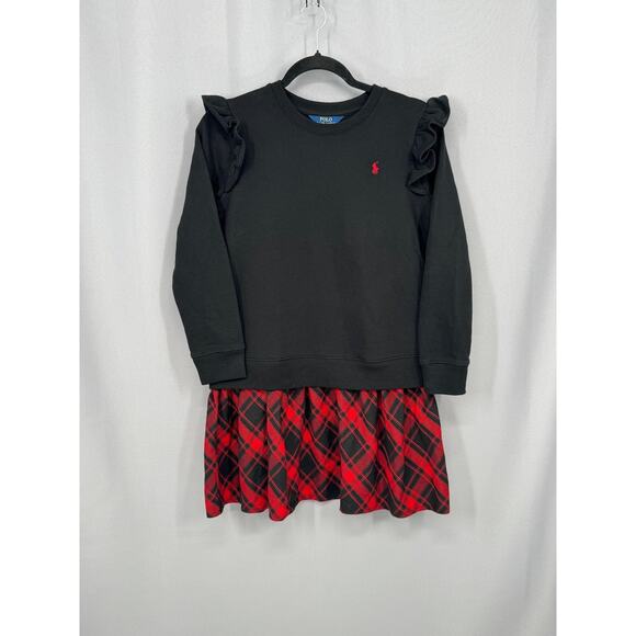Polo Ralph Lauren Dress Girls XL 16 Black Red Plaid Long Sleeve Ruffle Holiday - Picture 1 of 13